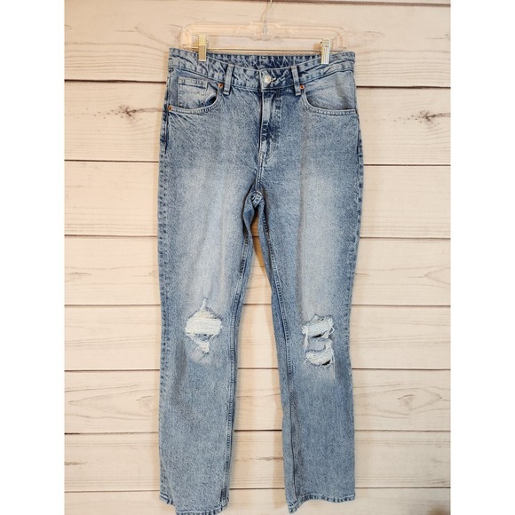 H&M Womens Blue Solid Mid‎ Rise Cotton Distressed Straight Jeans Size 8 - Picture 1 of 7